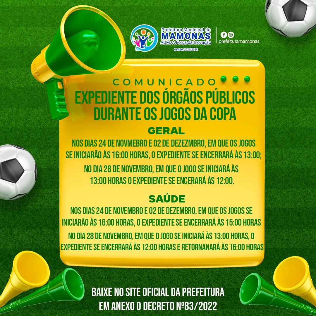 COMUNICADO: HORÁRIOS DE ATENDIMENTO AO PÚBLICO NOS DIAS DOS JOGOS DO BRASIL  NA COPA DO MUNDO FIFA 2022 - Prefeitura de Quadra